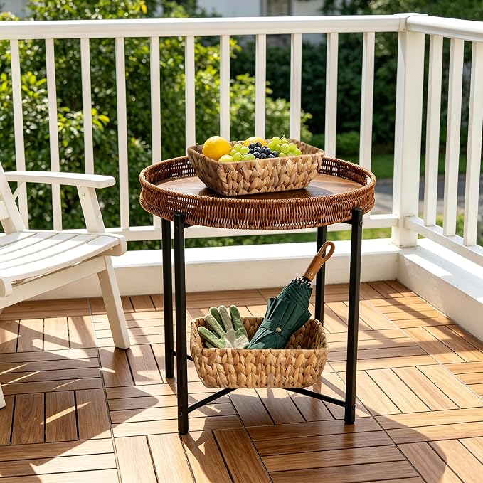 19in Round Rattan Side Table with Wooden Tray，Small Round Wicker Wooden End Table，Rattan End Table for Indoor Use, Living Room, Bedroom, Office, Balcony-Brown