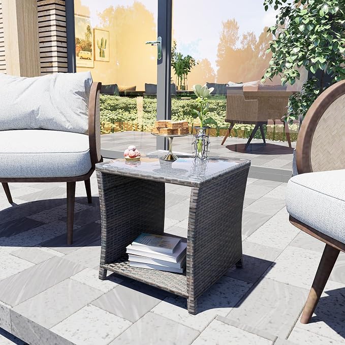 Rattan Side Table,Outdoor Patio Wicker Table,Modern Patio End Side Table with Glass Countertop and Storage Space,for Garden Balcony Porch (Brown3)