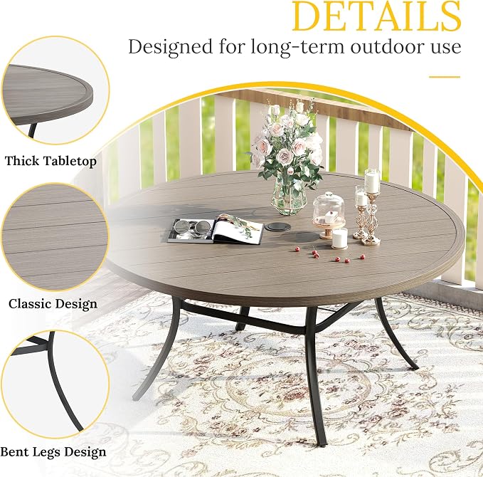 VICLLAX Outdoor Dining Set for 8, Outdoor Furniture Includes 60" Round Patio Table and Swivel Padded Chairs, Grey Wood Grain Tabletop and Grey Fabric