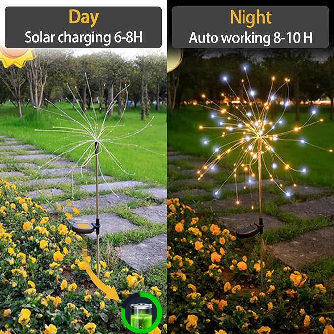 Solar Firework Lights, 2 Pack 120 LEDs 2 Lighting Modes Solar Garden Lights Outdoor Waterproof for Yard Patio Walkway Pathway Party Wedding Christmas Decorative - Mixed Color