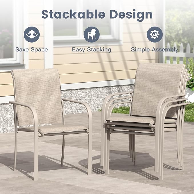 VICLLAX 9 Pieces Patio Outdoor Dining Set, 70" Outdoor Rectangular Metal Dining Table with Umbrella Hole and 8 Stackable Textilene Chairs for Lawn, Garden, Porch, Sandshell