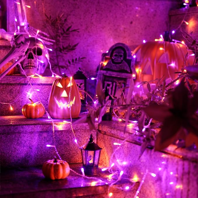 JMEXSUSS 33 FT 100 LED Orange and Purple Halloween String Lights Indoor | Plug In Halloween Lights Clear Wire, 8 Modes Outdoor Waterproof Christmas String Light for Halloween Decor