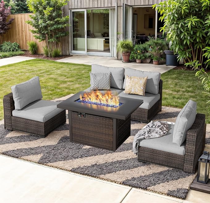 Outdoor Sectional Furniture, 5 Piece Patio Furniture Set with 42-inch Fire Wicker Propane Fire Pit Table - All Weather Wicker Rattan Couch Sofa Conversation Set for Backyard Lawn Poolside Deck, Grey
