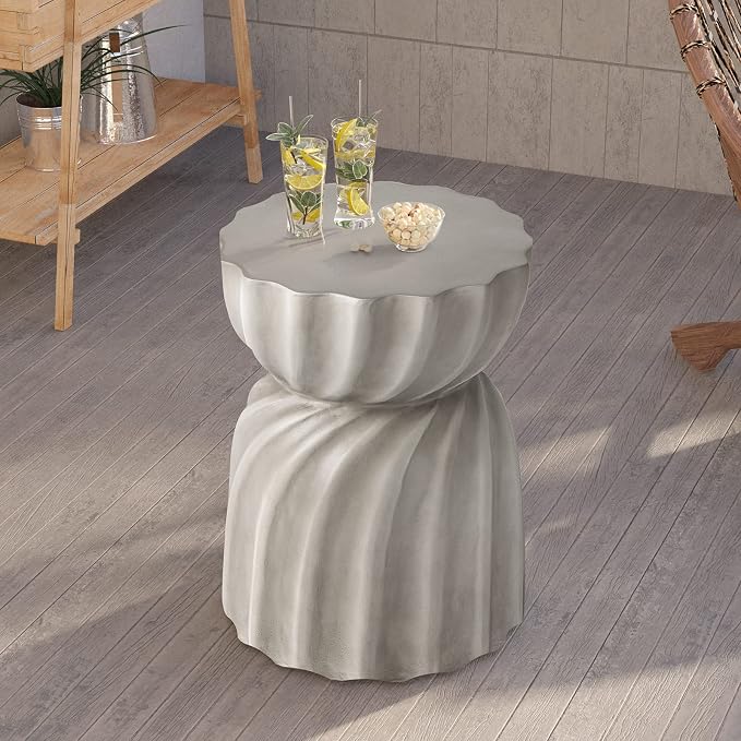 HOMPUS Outdoor Concrete Side Table Set of 2,2 Piece Unique Round Patio MgO End Table, Lightweight Small Accent Table Garden Stool for Indoor Outdoor Use, Backyard, Natural Grey