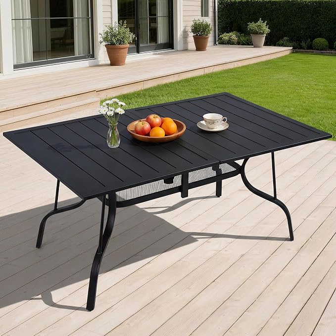 63"x38" Black Patio Outdoor Dining Table, Metal Rectangle Patio Dining Table with Adjustable Umbrella Hole for Garden, Partitioned Storage Shelf, Backyard and Porch, Black