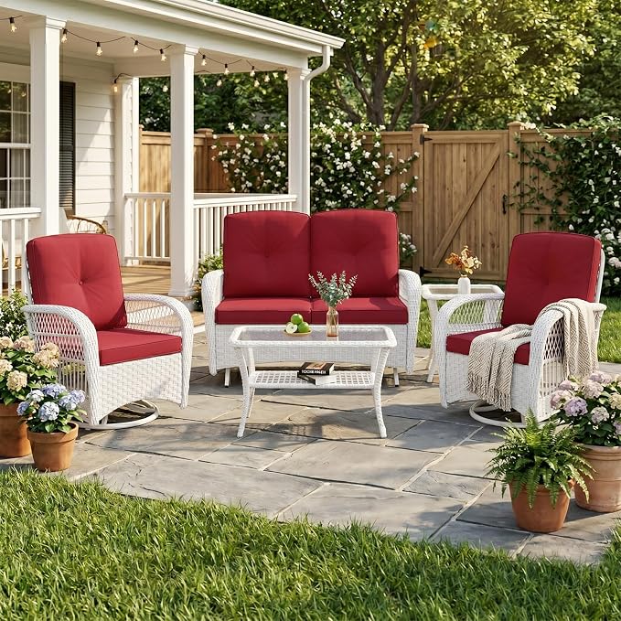 VIVIJASON 5-Piece Outdoor Patio White Wicker Conversation Sets, All Weather Outdoor Rattan Furniture Set Includes Glider Loveseat, 2 Coffee Table, 2 Swivel-Gliders Chairs with Cushions, Red