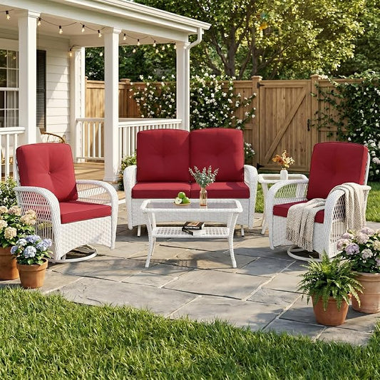 VIVIJASON 5-Piece Outdoor Patio White Wicker Conversation Sets, All Weather Outdoor Rattan Furniture Set Includes Glider Loveseat, 2 Coffee Table, 2 Swivel-Gliders Chairs with Cushions, Red