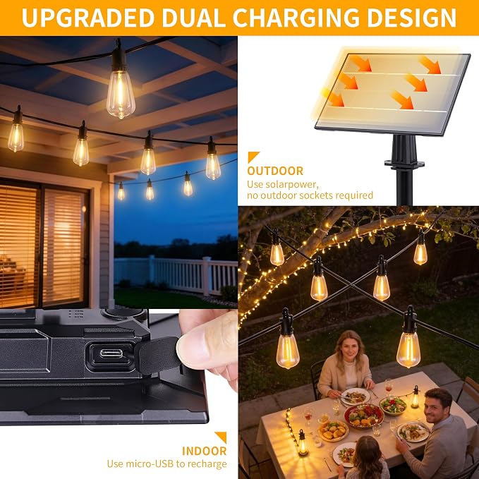 50FT Solar String Lights Outdoor with Remote, IP65 Waterproof Shatterproof ST38 15 LED Bulbs, 2700K Dimmable Outside Hanging Lights for Patio, Garden, Camping, Deck, Backyard Decor