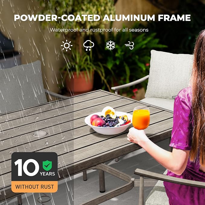 HAPPATIO 7-Piece Outdoor Dining Set for 6, Aluminum Patio Dining Set Includes 6 Dining Chairs and 1 Large Rectangular Table with Umbrella Hole, Patio Furniture Set for Lawn, Porch, Backyard, Grey