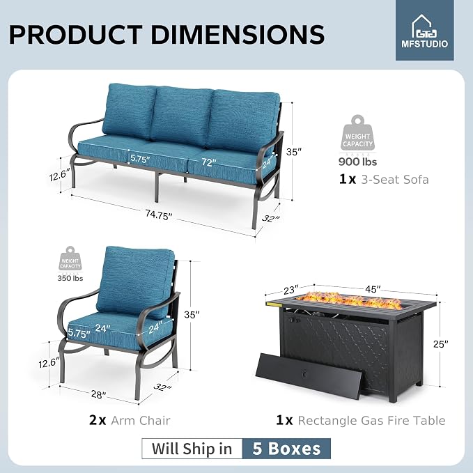MFSTUDIO 4 Piece Patio Conversation Sets, All Weather Metal Frame Outdoor Furniture Set Patio Sofas with 1 x 45 Rectangular Fire Pit Table, 1 x 3-Seat Sofa, 2 x Sofa Chairs, Peacock Blue Cushion