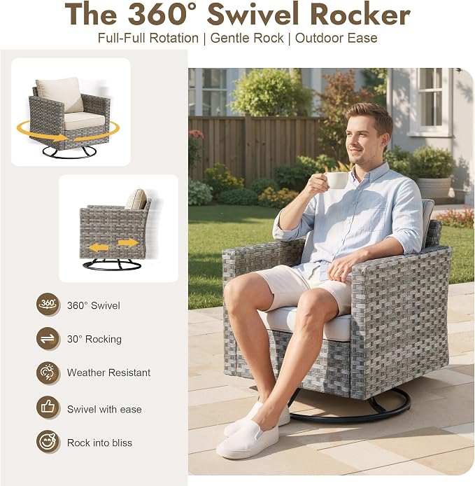 9 Pieces Patio Furniture Set, Wicker Outdoor Sectional Sofa with Swivel Chair Comfy Cushions, Modern Modular Deep Seat Rattan Couch Conversation Set for Backyard Porch Yard,Beige