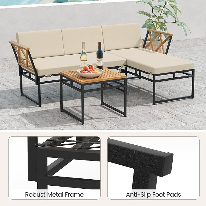 Tangkula 3 Pieces L-Shaped Outdoor Furniture Set, Acacia Wood Patio Sectional Cushioned Conversation Sofa with Square Coffee Table, for Porch, Backyard & Poolside (Beige)