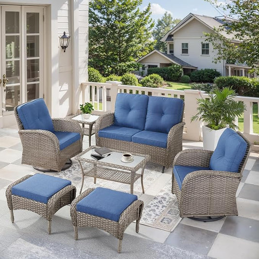 7 Pieces Patio Furniture-Patio Swivel Chairs Set of 2 Outdoor Glider Bench Rocking Chair with Patio Ottomans Patio Conversation Sets for Deck Porch Garden Balcony Poolside-Grey/Blue