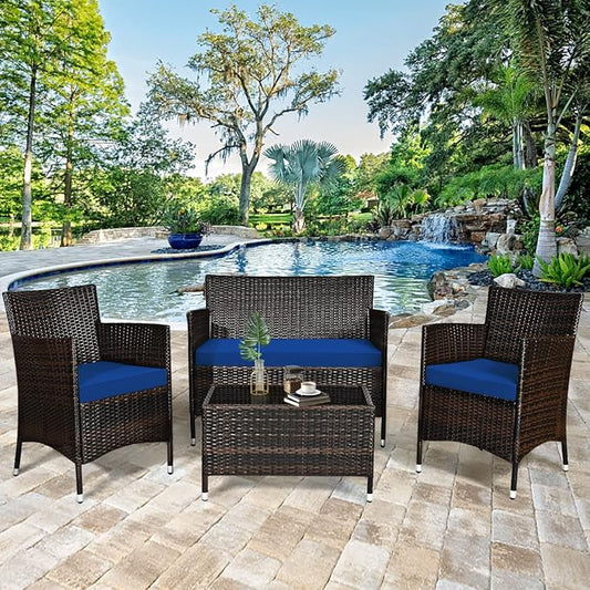 4 Pieces Patio Sofa Set, Wicker Conversation Set with Ergonomic Curved Backrest, Rattan Furniture Set with Water-Resistant Cushion & Tempered Glass Table for Balcony, Porch (Navy Blue)