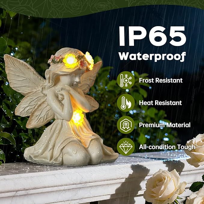 Solar Angel Garden Statue Outdoor Decor for Mother's Day, Fairy Figurine with Garland Flower Light, Cemetery Decoration for Grave, Yard, Patio, House Warming Birthday Gifts for Women, Mom