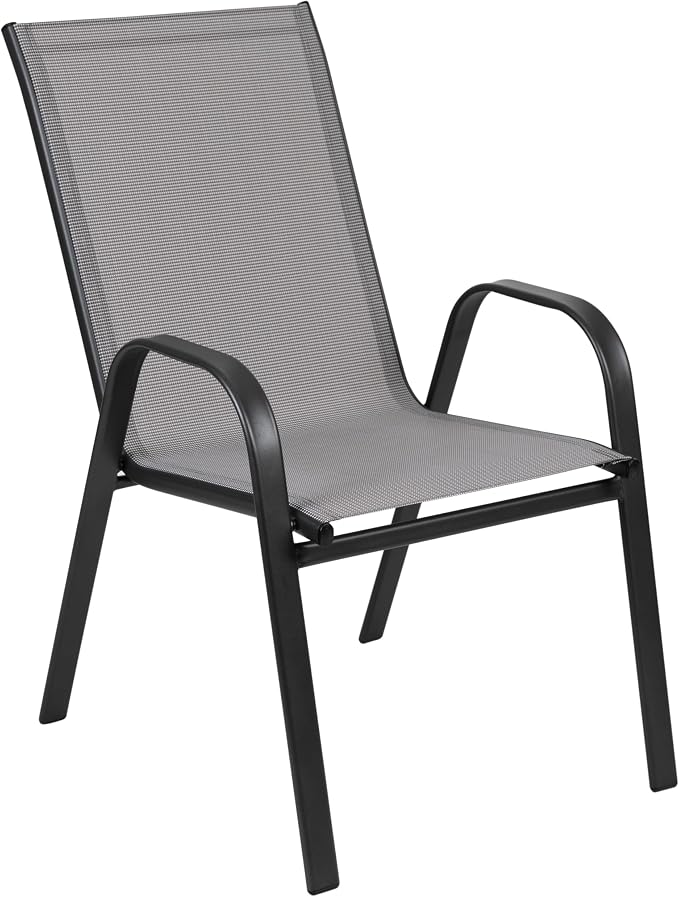 Merrick Lane Bardwell 5 Piece Outdoor Dining Table Set for 4 with Glass-Top Patio Table and 4 Stack Chairs with Flex Comfort Material in Gray