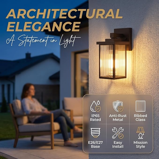 2 Pack Bronze Porch Light, Rust-Resistant Outdoor Wall Light | Corrosion-Resistant Metal, Waterproof, Textured Glass Cuts Glare, Easy DIY Install on Porch, Garage