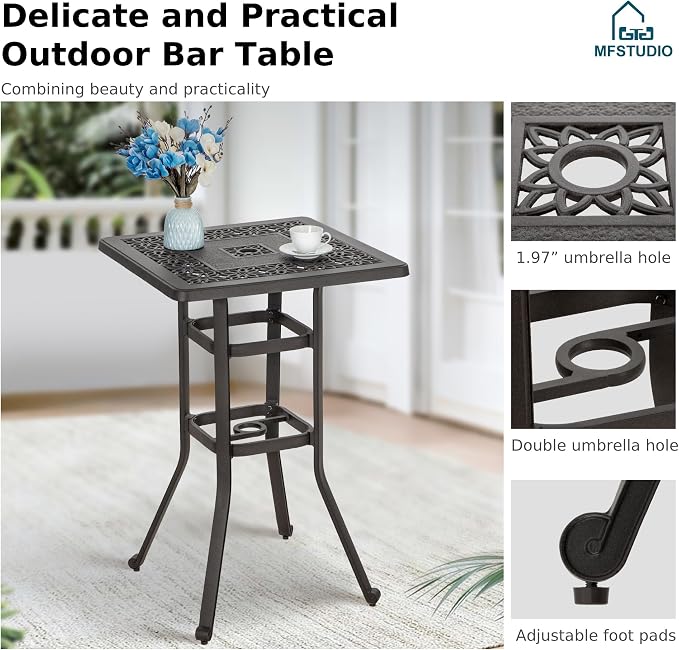MFSTUDIO 3 PCS Cast Aluminum Patio Bar Set, Square Outdoor Table with 2 Outdoor Swivel Bar Stools, Bar Height Outdoor Table and Chairs Set