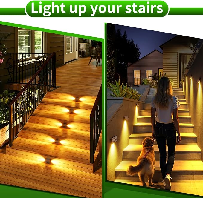 JSOT Deck Step Lights 4 Pack for Outside Fence, Wall, Stair, Patio, Garden, Backyard Decor with 5 Lighting Modes, Solar Light Outdoor Waterproof Bright LED with Lens (Warm Light)