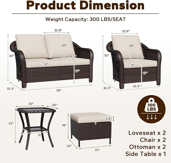 7 Piece Patio Wicker Conversation Set, 2 All-Weather Use Outdoor Wicker Loveseat with 2 PE Rattan Ottomans,2 Chair, 1 Side Table, Ideal for Porch, Backyard, Balcony, Poolside, Beige