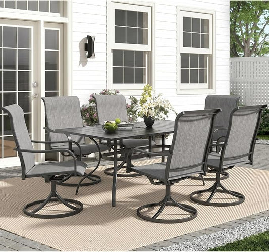 Anmutig 7-Piece Outdoor Dining Set, 63"x38" Patio Table with Dual Umbrella Holes & 6 Swivel Textilene Chairs, Weather-Resistant Furniture for Backyard, Deck, Garden, Grey