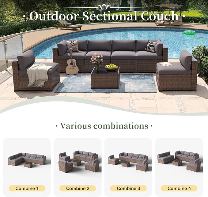 Aoxun 7 Piece Patio Furniture Set Wicker Rattan Patio Conversation Set Outdoor Sectional Sofa Set with Coffee Table and Thickened Cushions, Grey