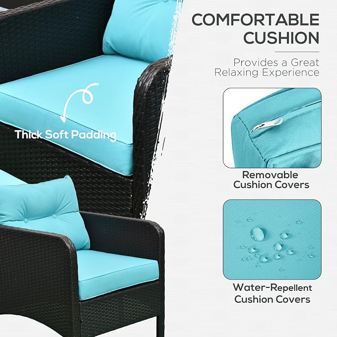 Outsunny 5 Pieces Rattan Wicker Lounge Chair Outdoor Patio Conversation Set with 2 Cushioned Chairs, 2 Ottomans and Tempered Glass Top Coffee Table, Brown/Blue