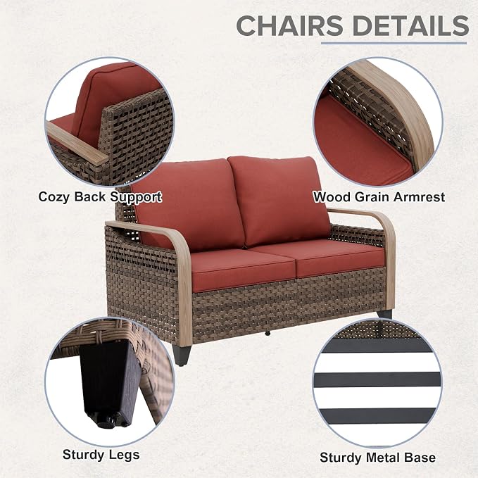 COOS BAY Modern Wicker Outdoor Furniture Set, 3 Piece Patio Conversation Set with a Loveseat and 2 Ottomans, 3 Piece, Brown/Red