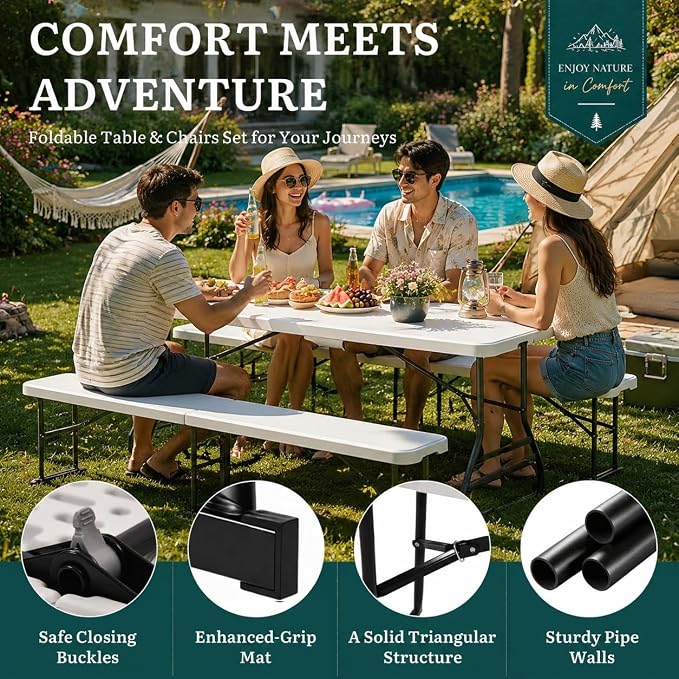 YITAHOME 6ft Folding Picnic Table with Benches, Heavy Duty 6 ft Picnic Tables for Outdoors, Portable Outdoor Table with Center Lock & Non-Slip Feet for Backyard, Camping, Beach, White
