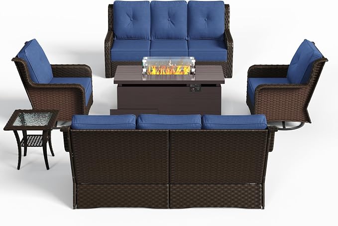 Sundale Outdoor Wicker Patio Furniture Set with Fire Pit, 6 Piece All Weather Outdoor Furniture Set with Swivel Chairs & Couch, High Back Patio Conversation Sets with 6" Cushions for Yard, Deck (Blue)
