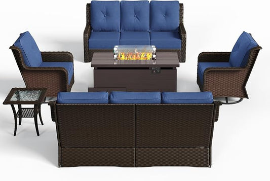 Sundale Outdoor Wicker Patio Furniture Set with Fire Pit, 6 Piece All Weather Outdoor Furniture Set with Swivel Chairs & Couch, High Back Patio Conversation Sets with 6" Cushions for Yard, Deck (Blue)