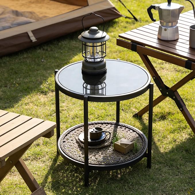 Outdoor Rattan Coffee Table - Patio Wicker End Table with Extra Storage Shelf, Rattan Outdoor Side Table with Round Glass Tabletop for Garden, Backyard, Porch, Black Gold