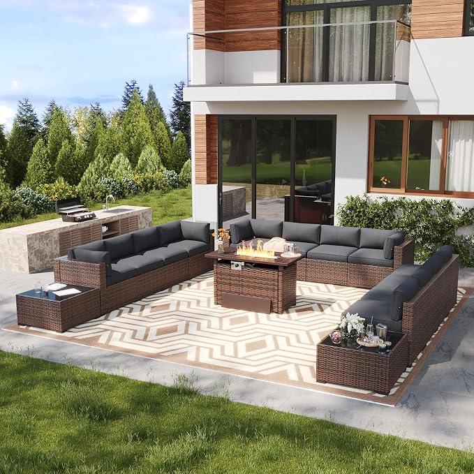 LazySunsets 15 Piece Outdoor Patio Furniture Set with 44'' Fire Pit Table, Outdoor Patio Furniture Set with 4'' Thicken Cushion, Wicker Rattan Outdoor Conversation Set for Backyard & Garden, Grey