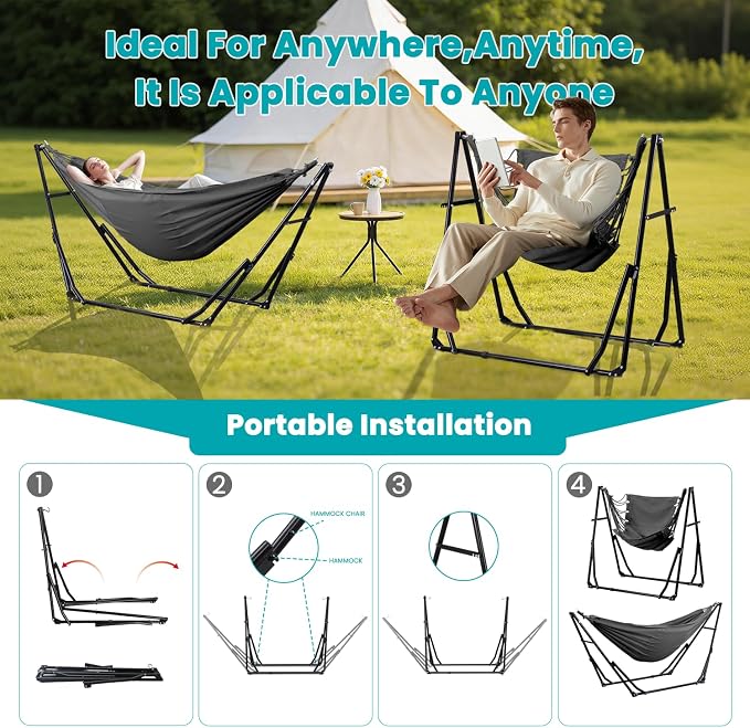 Hammock with Portable Steel Stand and Carrying Bag for Outside,Easy Set Up for Outdoor,Indoor,Backyard,Patio,Camping,Garden,Trip (Grey)