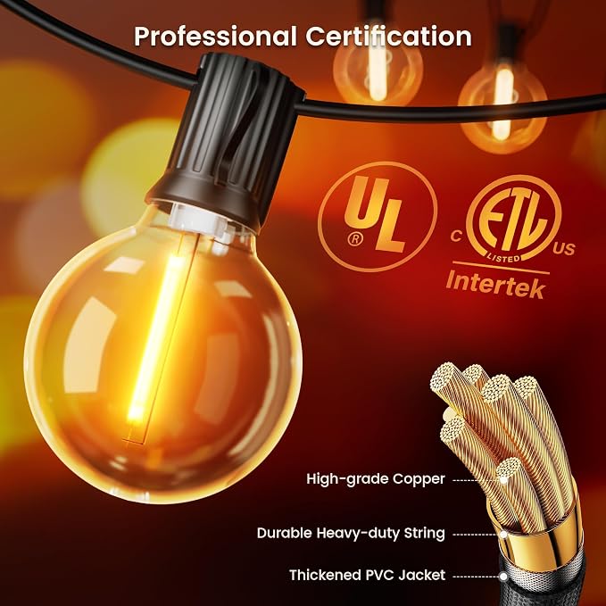 OHLUX Outdoor String Lights, 27FT LED Patio Lights with 13 Dimmable Plastic G40 Globe Bulbs(1 Spare), 2200K Waterproof Connectable Hanging Lights for Backyard Porch Cafe Party Decor E12 Socket Base