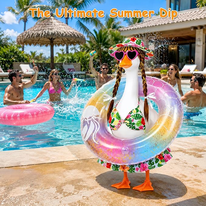 Hawaiian Porch Goose Bikini Outfits, Summer Goose Swimsuit Clothes Fits 23" Goose Statue with Cute Hat, Goose Wigs, Sunglasses & Swimming Ring for Outdoor Patio Yard Decoration