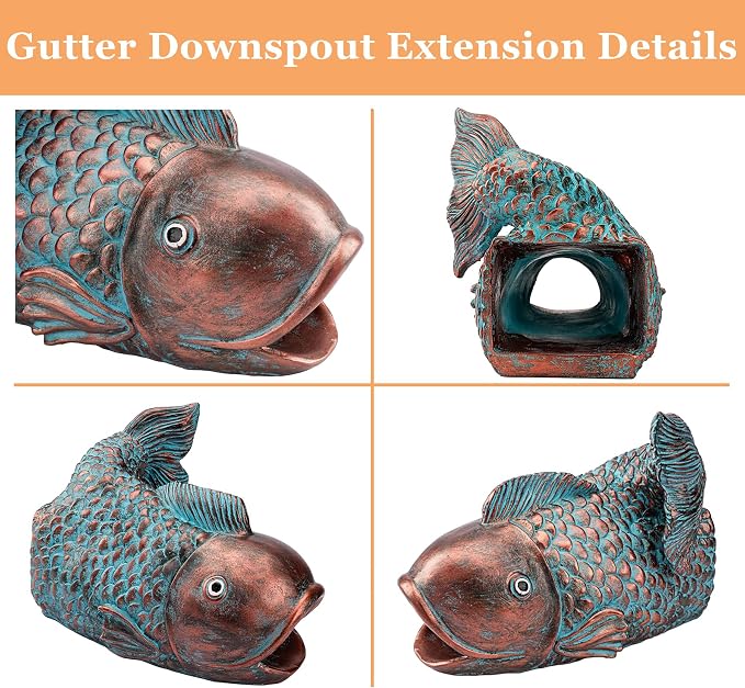 Teaeeno Fish Gutter Downspout Extension Decoration, 3''x4'' Downspout Extender Diverter Splash Block Sculpture Outdoor Decor, Animal Resin Statue Ornaments, for Garden, Lawn, Yard (Blue)