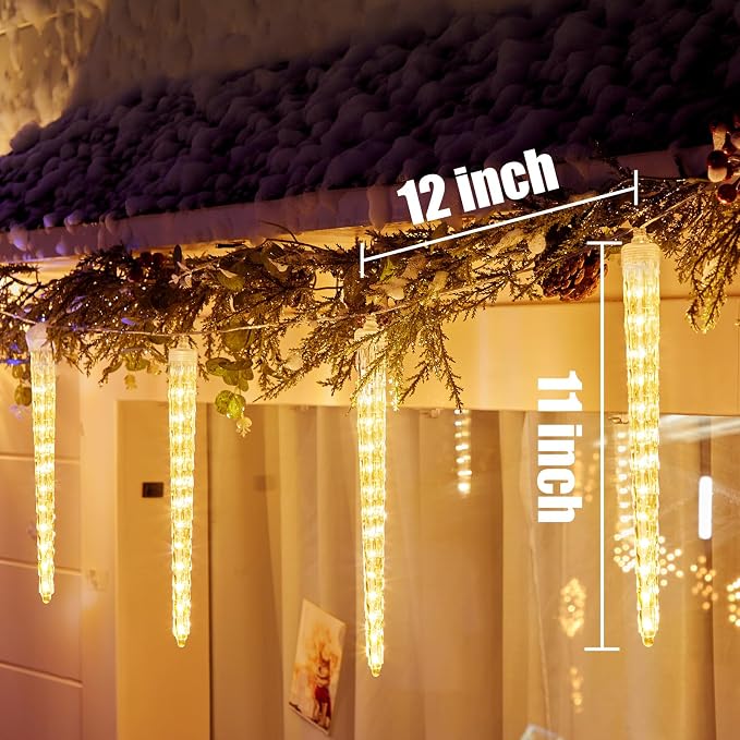 Brightown Christmas Icicle Lights Outdoor, 19.8Ft with 20 Large Tube 480 LED Meteor Shower Dropping Effect, Waterproof Icicle Lights Christmas Decorations for House Eave Roofline, Warm White