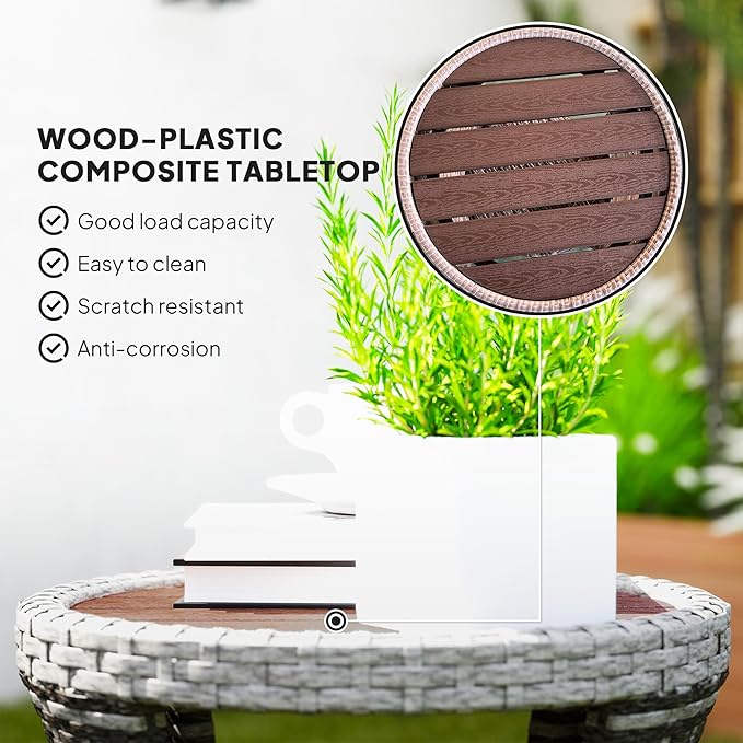 Outsunny 18" Outdoor Wicker Coffee Table, 2-Tier Patio Side Table with Storage, PE Rattan End Table with Composite Wood Top, Steel Frame for Garden Backyard Balcony, Mixed Gray