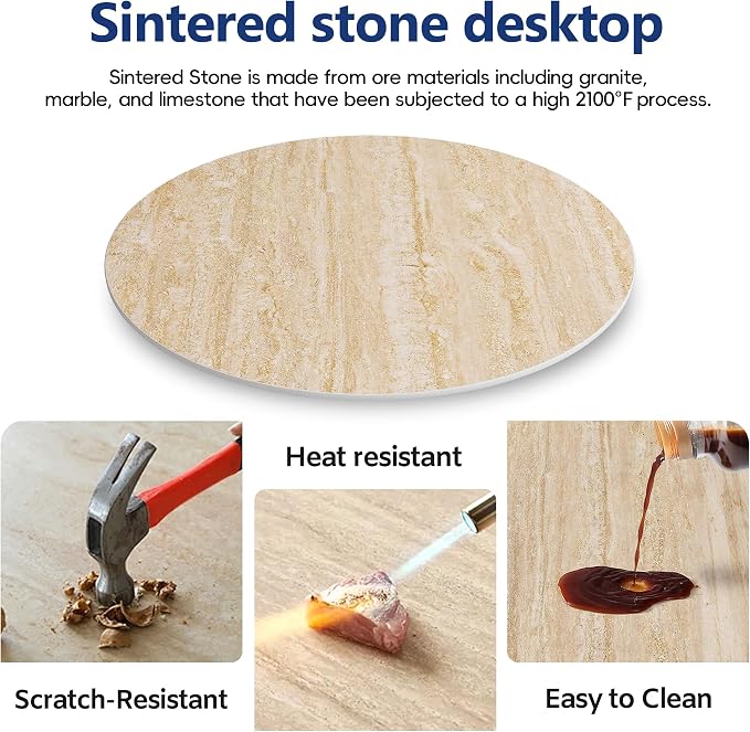 ZL ZELing Round Sintered Stone Table Top 31",Replacement Table Top for Indoor & Outdoor - Heat/Scratch Resistant Waterproof Ceramic DIY Desktop, Patio/Balcony/Bistro/Café & Dining Room (Beige)