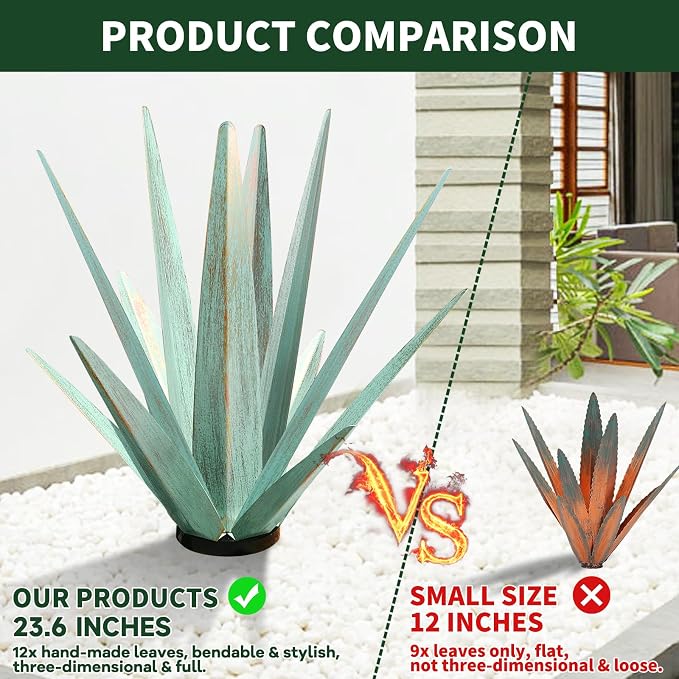 KODIBO Large Metal Agave Plant Outdoor Decor with Solar Light, Dark Blue | IP65 Waterproof Solar Light, Rust-Resistant Metal,Tequila Rustic Sculpture, Outdoor Garden Decor, Gifts for Garden Lovers