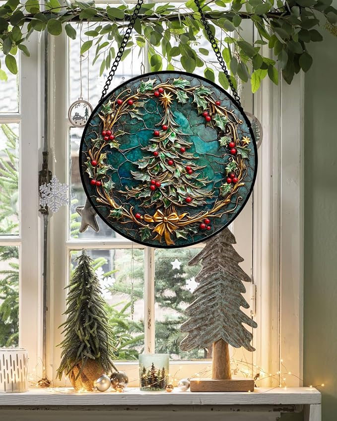 DASTOLL Stained Glass Window Hangings - Red Gold Green Wreath Suncatcher for Door Home Christmas Tree Decoration Sun Catcher Thanksgiving New Year Birthday Gift for Women Men Mom Grandma 15 in