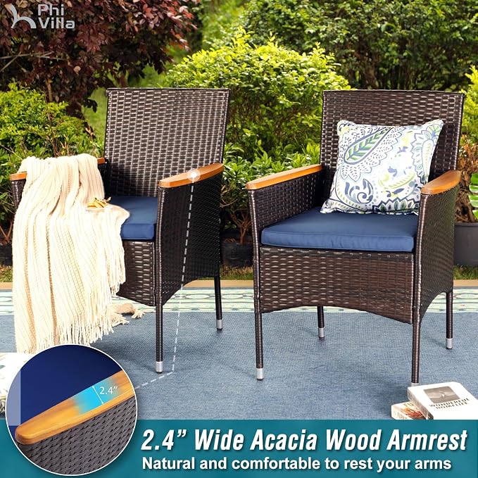 PHI VILLA 5 Pieces Outdoor Dining Set for 4, Ploywood Square Metal Dining Table & Rattan Wicker Chairs with Cushions, Modern Furniture Dining Set for Patio, Deck, Porch, Backyard