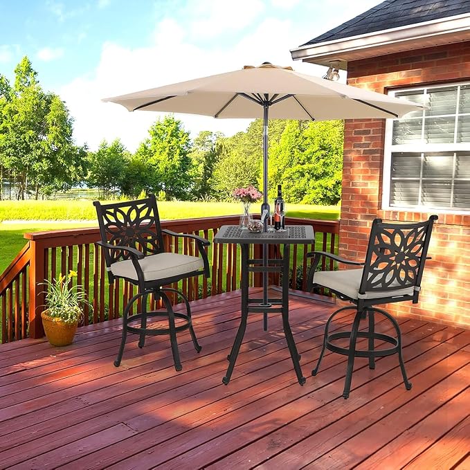 MFSTUDIO 27.5” Square Cast Aluminum Bar Height Patio Table, 42” Outdoor Bar Table with 1.75” Umbrella Hole for Bistro,Backyard,Brown