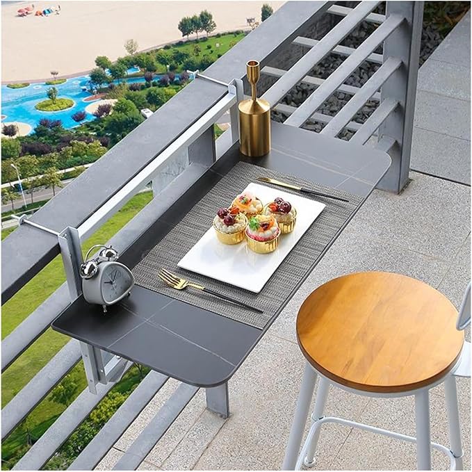 Adjustable Height Foldable Outdoor Balcony Railing Bar Table, Perfect for Patio, Deck & Balcony - Black Serving Table (47.2 x 13.8 inches)