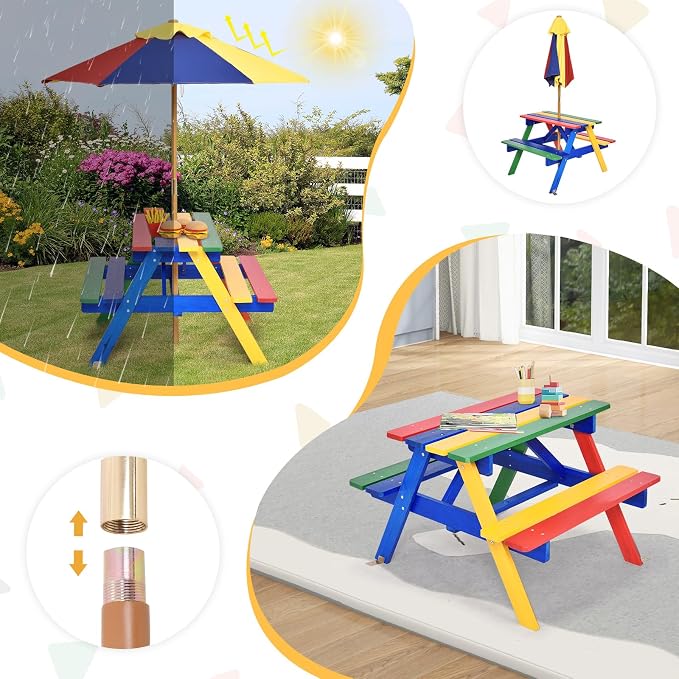 KOTEK Kids Picnic Table, Wooden Outdoor Table and Bench Set with Umbrella, Children Patio Furniture for Eating & Playing, Toddler Picnic Table for Backyard Garden, Gift for Boys Girls (Rainbow)