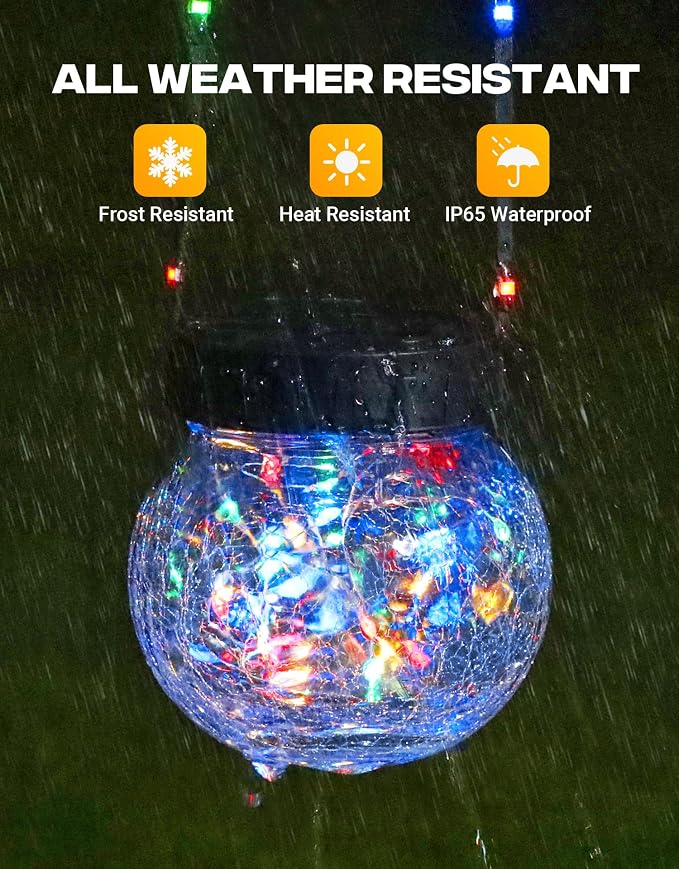 Solar Lights Outdoor Waterproof 12-Pack, Solar Powered Hanging Lantern Cracked Glass Hanging Globes for Yard Decor Christmas Decoration, Shepherd Hook, Garden Tree Ornaments, RGB