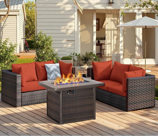 Patio Furniture Set with Fire Pit Table 5 Piece All Weather PE Rattan Outdoor Sectional Sofa Couch with 4 x arm Sofa, No-Slip Cushions for Garden, Poolside, Backyard (Red)