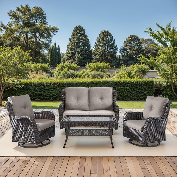 Patio Loveseat Glider Set, Resin Wicker Loveseat Glider with 2 Swivel Patio Chiars and Coffee Table, 4 Piece Patio Bistro Set Furniture Set Loveseat Set, Brown Wicker|Grey Cushions