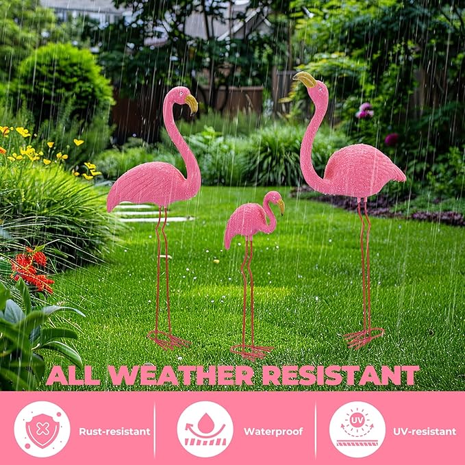 Ohuhu Family Flamingo Yard Ornaments, Set of 3 (32", 31", 19"), Pink | Metal Feet Stakes Bright Pink Flamingos Family, Garden Yard Patio Decoration, Great Party Decor Outdoor Gift